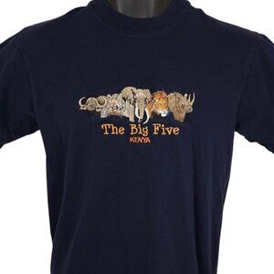 Vintage Kenya T Shirt Mens Size Medium Blue 90s Elephant Lion Rhino Leopard Oxen